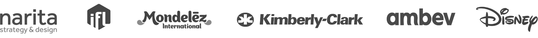 Logos da Narita strategy & design, IFL, Mondelez Internacional, Kimberly-clark, Ambev e Disney Logos da Narita strategy & design, IFL, Mondelez Internacional, Kimberly-clark, Ambev e Disney