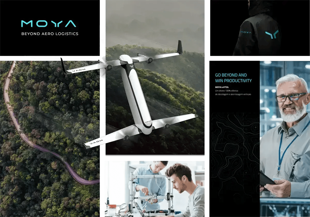 Moodboard da Moya Aero com o drone voando e outros pontos de contato