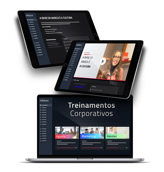 Tablets e um note book mostrando a plataforma da Allídem com os treinamentos de cultura, marketing e vendas Tablets e um note book mostrando a plataforma da Allídem com os treinamentos de cultura, marketing e vendas