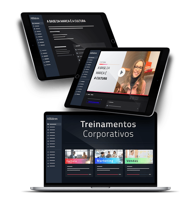 Tablets e um note book mostrando a plataforma da Allídem com os treinamentos de cultura, marketing e vendas