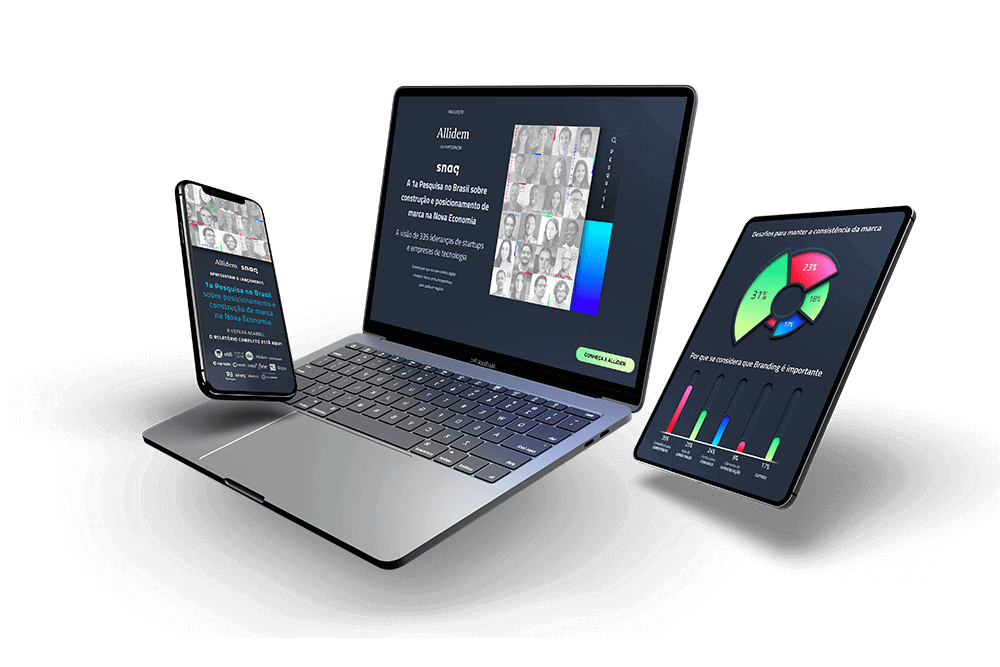 Notebook, celular e tablet mostrando a primeira pesquisa sobre construção de marca da Allídem