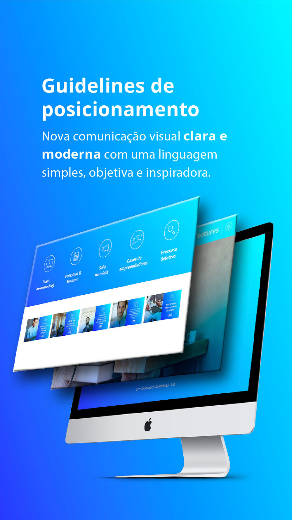 IMac com telas da A55 que representam o guideline de posicionamento da nova comunicação clara e moderna da marca IMac com telas da A55 que representam o guideline de posicionamento da nova comunicação clara e moderna da marca