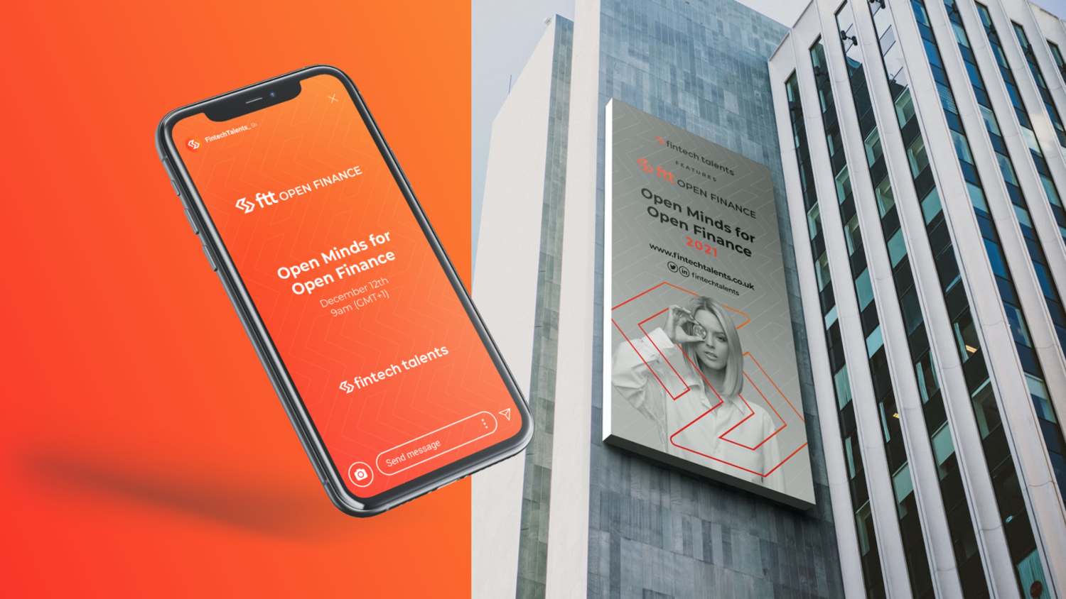 Fachada de um prédio com uma midia O.O.H da Fintech talents Fachada de um prédio com uma midia O.O.H da Fintech talents