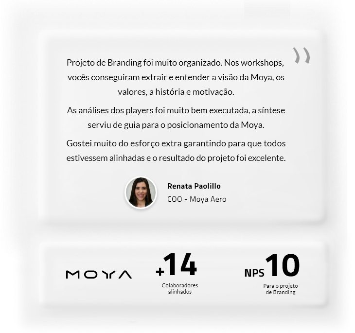NPS Moya aero, projeto com nota 10 e mais de 14 colaboradores alinhados
