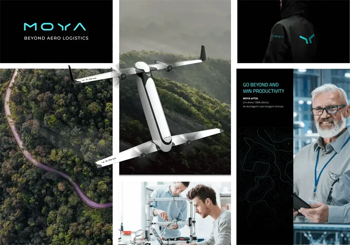Moodboard da Moya Aero com o drone voando e outros pontos de contato