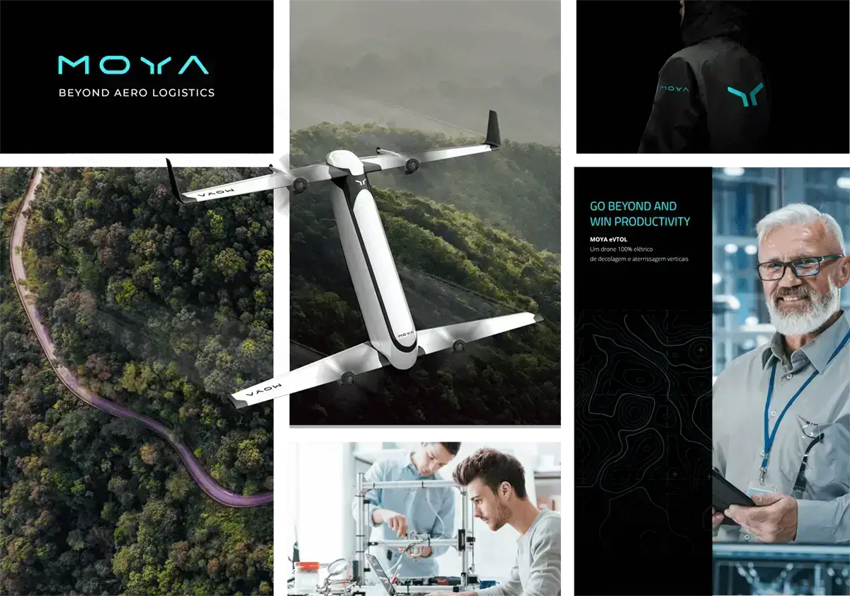 Moodboard da Moya Aero com o drone voando e outros pontos de contato Moodboard da Moya Aero com o drone voando e outros pontos de contato