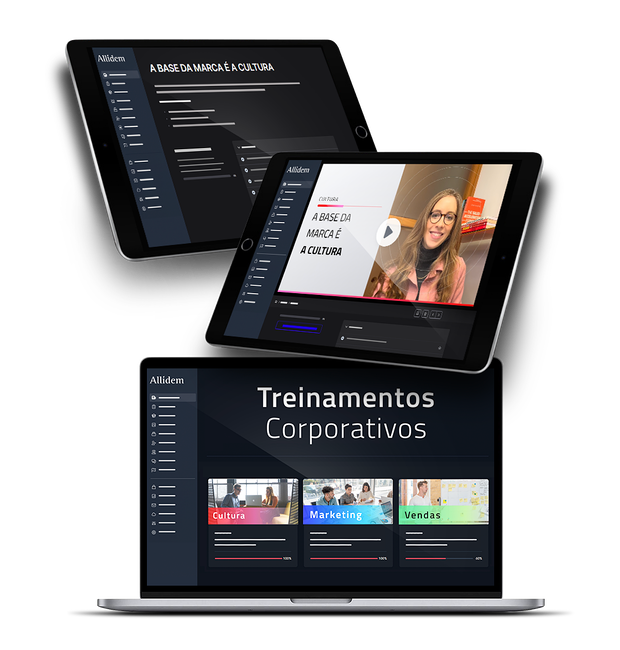 Tablets e um note book mostrando a plataforma da Allídem com os treinamentos de cultura, marketing e vendas