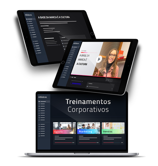 Tablets e um note book mostrando a plataforma da Allídem com os treinamentos de cultura, marketing e vendas Tablets e um note book mostrando a plataforma da Allídem com os treinamentos de cultura, marketing e vendas